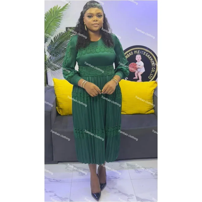 Nouveau Miyake robe plissée pour femmes couleur unie Patchwork dentelle élégante grande taille à manches longues robe de bal extensible longueur sans plis