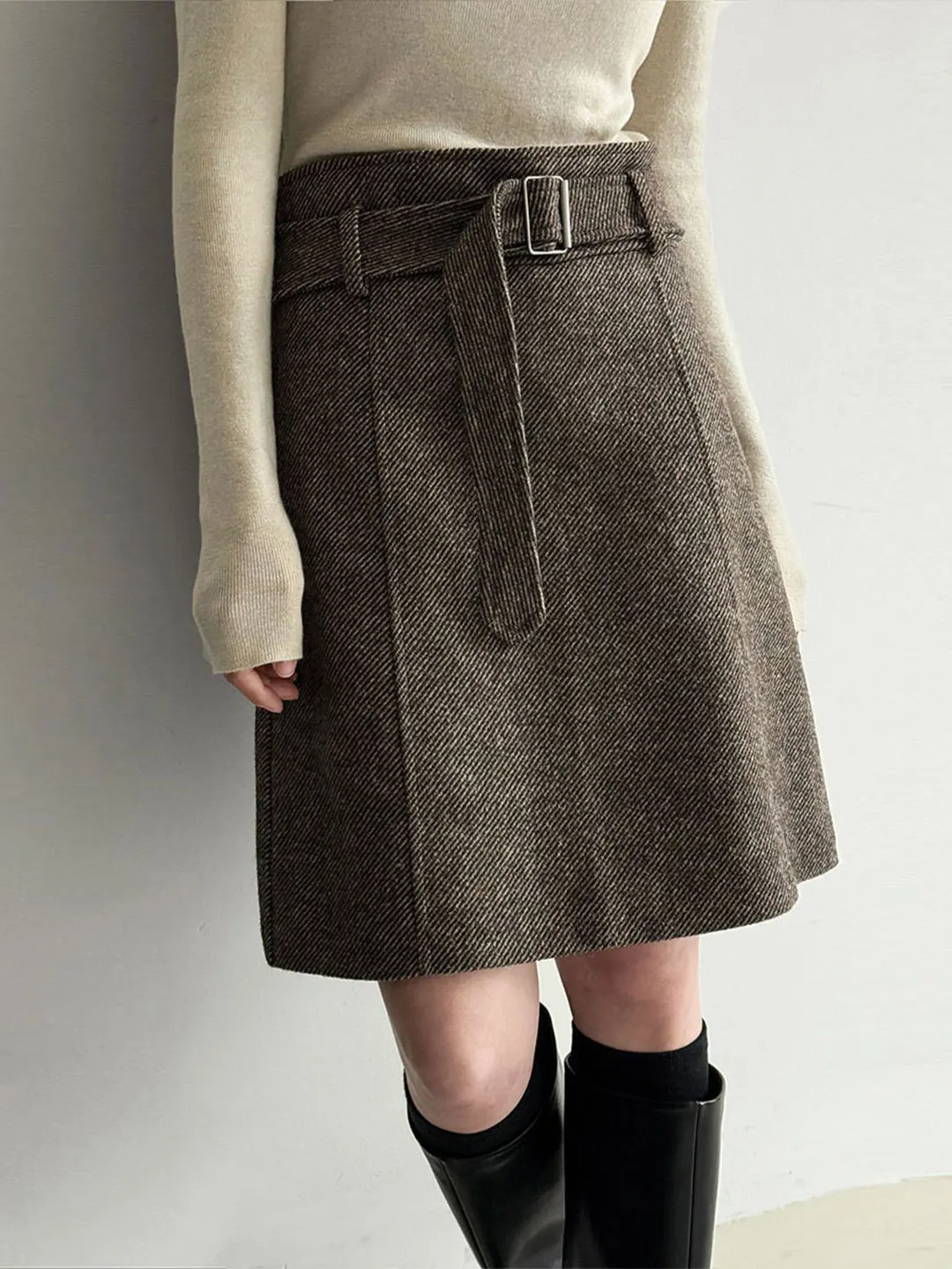 

Женская шерстяная юбка с высокой талией, винтажная, свободного кроя, зимняя, новая, с поясом для похудения, универсальная короткая юбка
