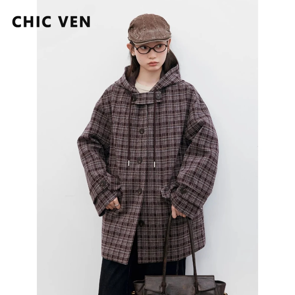 

CHIC VEN New Women Medium Woolen Long Coat Loose Casual Plaid Horn Button Hooded Female Quilted Overcoat Spring Autumn 2026