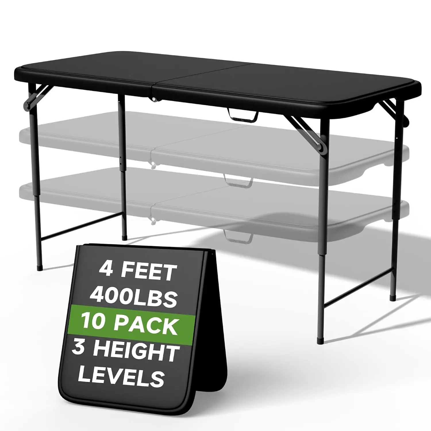 4 FT Folding Table, 3-Position Adjustable Height, Heavy Duty 400 lbs Capacity, Portable Table for Camping, Party, Indoor & Outdo