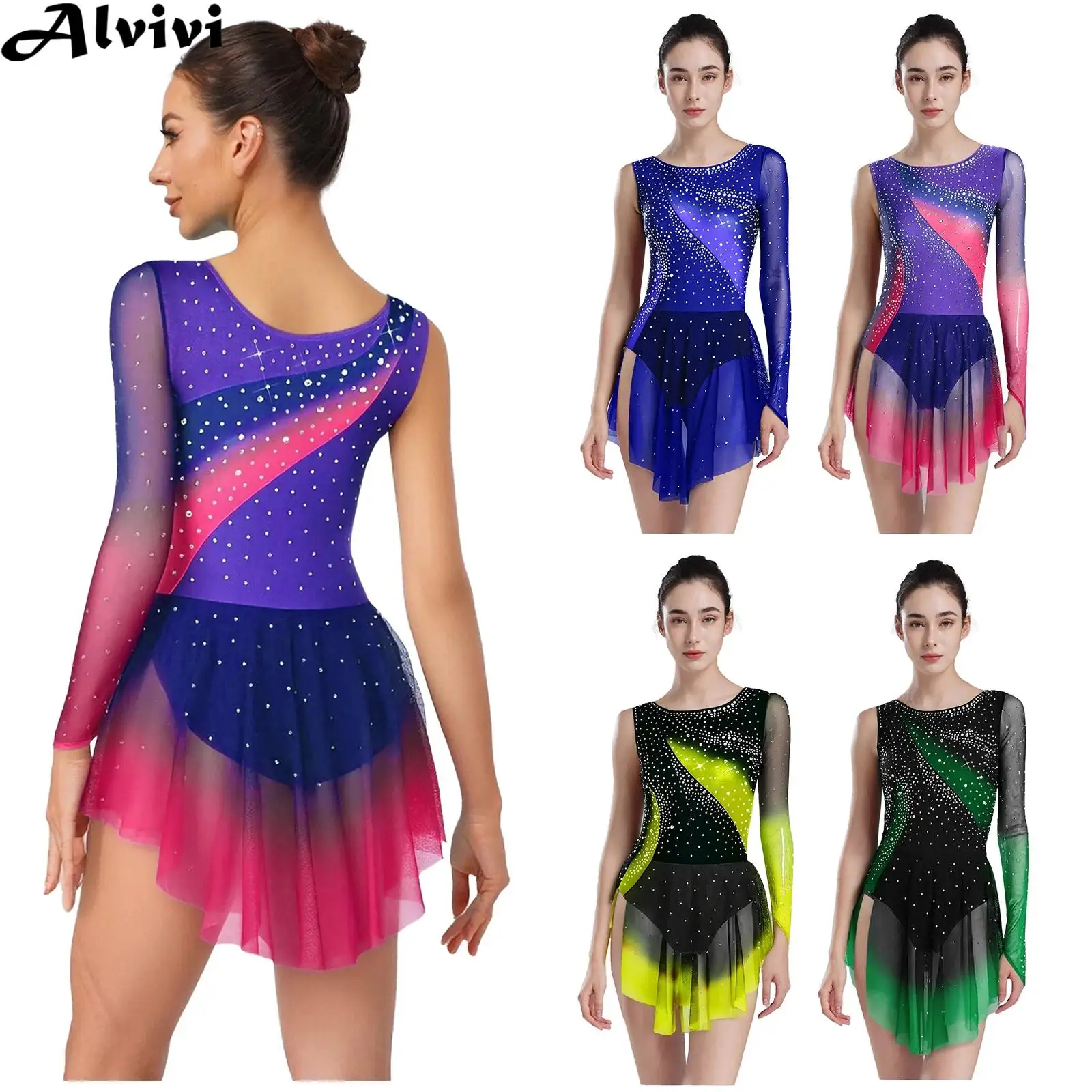 Women One Shoulder Rhinestone Sheer Mesh Figure Skating Leotard Dress for Ballet Gymnastics Acrobatics Lyrical Dance Performance