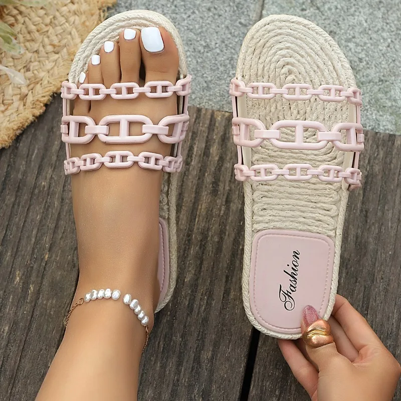 2026 Summer New Casual Flat Women's Slippers Fashion Solid Versatile Chain Lightweight Comfort Non Slip Women Shoes Мюли Женские