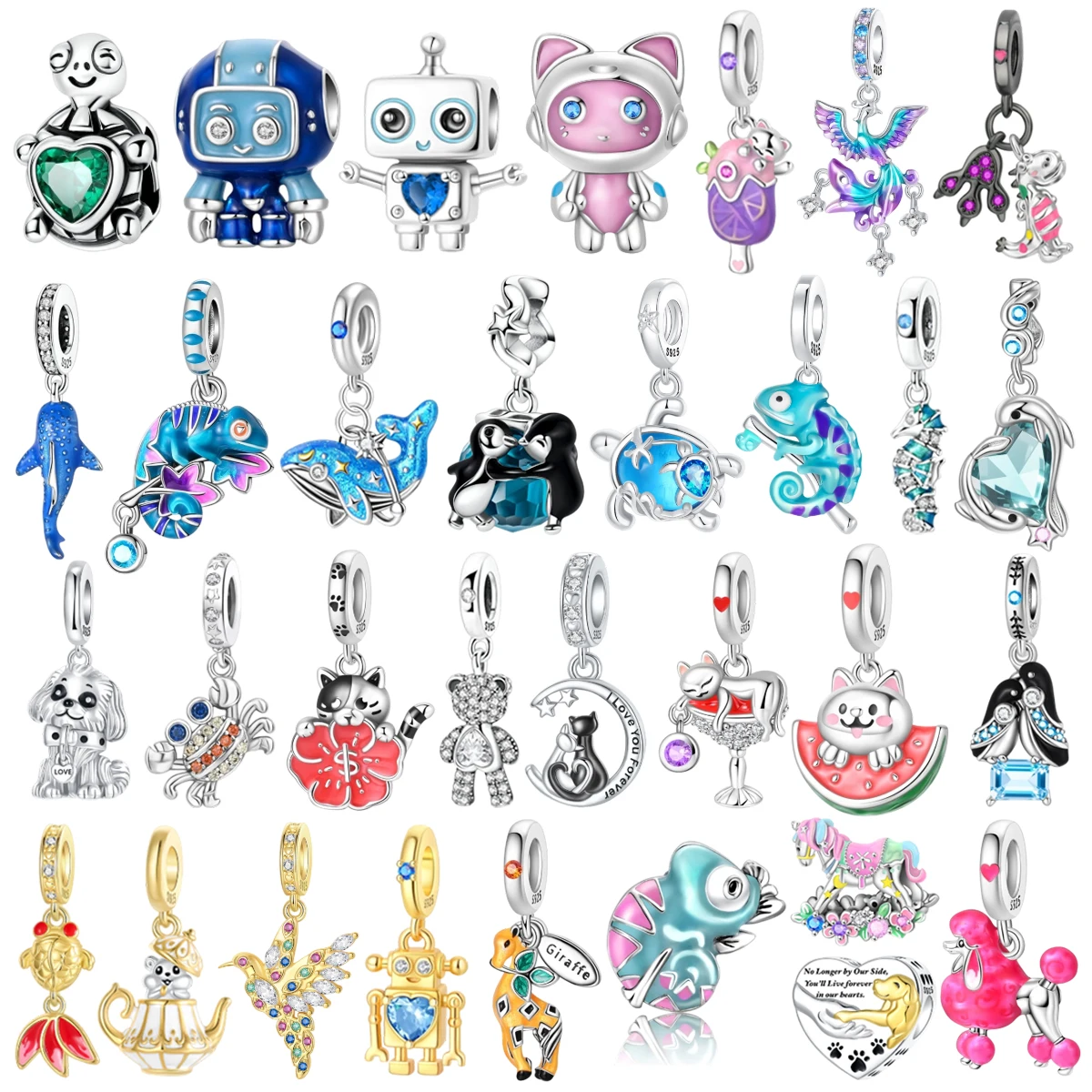 

Original 925 Sterling Silver Penguin Whale Chameleon Pendant Robot Plant Bead Decoration fit Necklaces Bracelets Jewelry Gifts