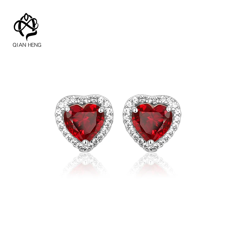 

Qian Heng S925 Synthetic Ruby Gems stone Earrings Heart Shape Sliver Earrings Stud Elegent Design For Women Gift Party Jewelry