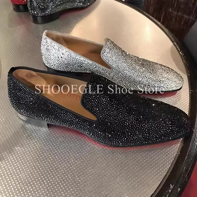 Black Rhinestone Shoes Classic Men Loafers Formal Flat Small Square Toe Summer Wedding Business Office Men\'s All Match Shoes