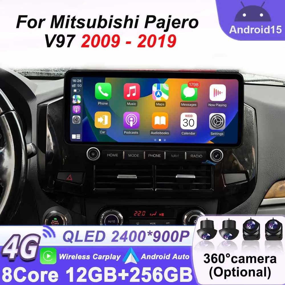 System Android 15 Car Radio for Mitsubishi Pajero V97 2009- 2019 Multimedia Video Wireless CarPlay GPS Navigation WIFI Bluetooth