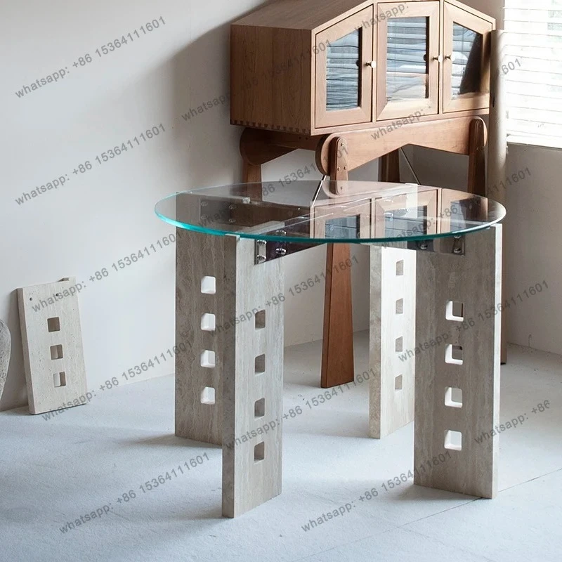 

Original design restaurant household natural travertine dining table 1.2 meters round glass Nordic