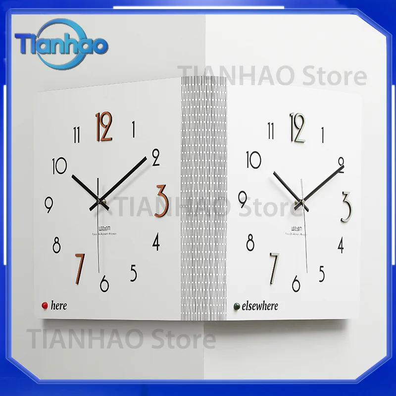 Dual-Sided Wooden Corner Wall Clock for Square Silent Hanging Clock No-Drill Retro Double Time Wall Decor Vintage Wall Art