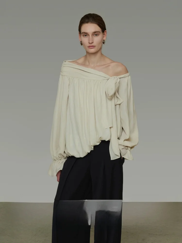 

Unspoken Irregular Asymmetrical Shoulder Shirt Women's Spring 2026 New Design Belted Bare Shoulder Top Long Sleeve Polyester ...