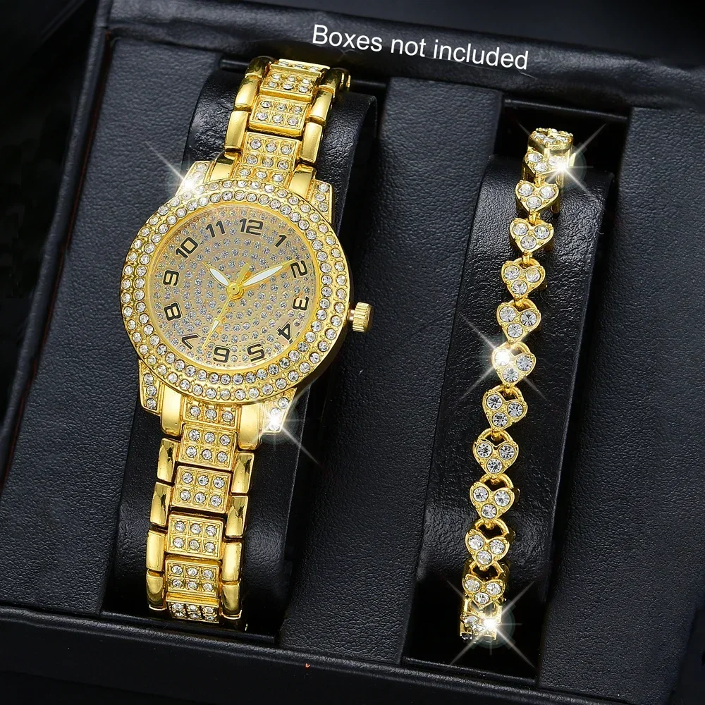 

Роскошные женские золотые часы, 2 шт., модные женские кварцевые наручные часы с сердечком и бриллиантами, элегантные женские часы-браслет, комплект Reloj Mujer