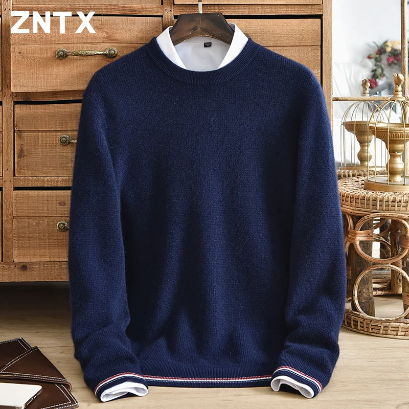 

Men's round neck thickened 100% pure cashmere sweater pullover for warmth, winter new style striped Korean style fashion