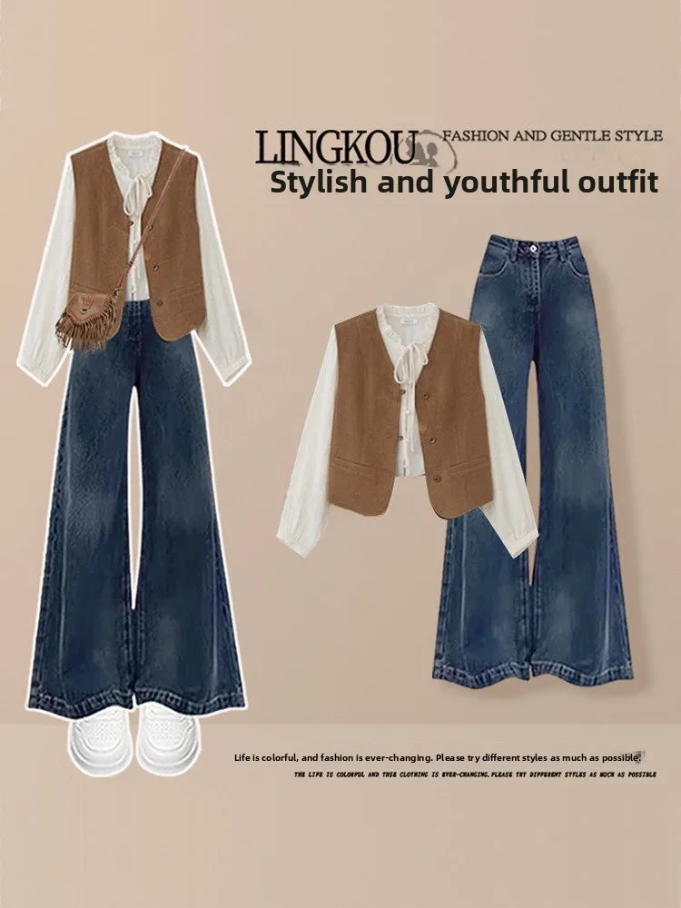 

Faionable plus Size Spring Set Women's High-End Vintage Vest Overlap irt Slimming Flared Jeans Tee-Piece Suit Casual Sle