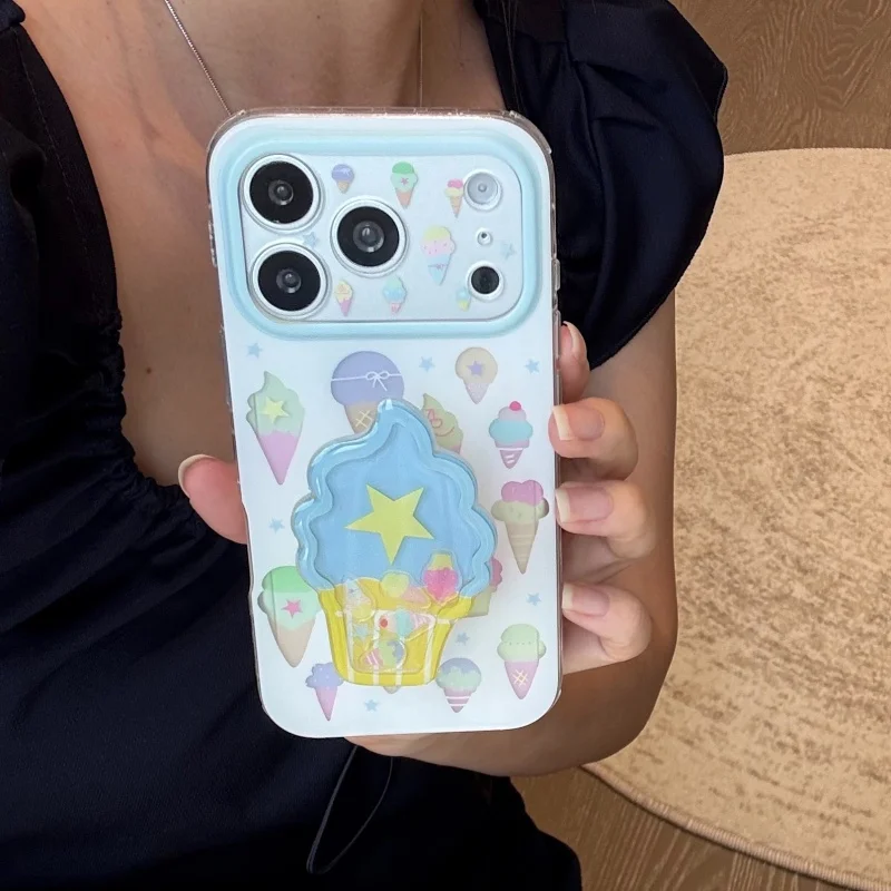 

Summer Cute Color Ice cream Phone Case For iPhone 17 Pro 16 15 Pro Max Cover with Stand Fashion Lovely Protective Cases For Girl