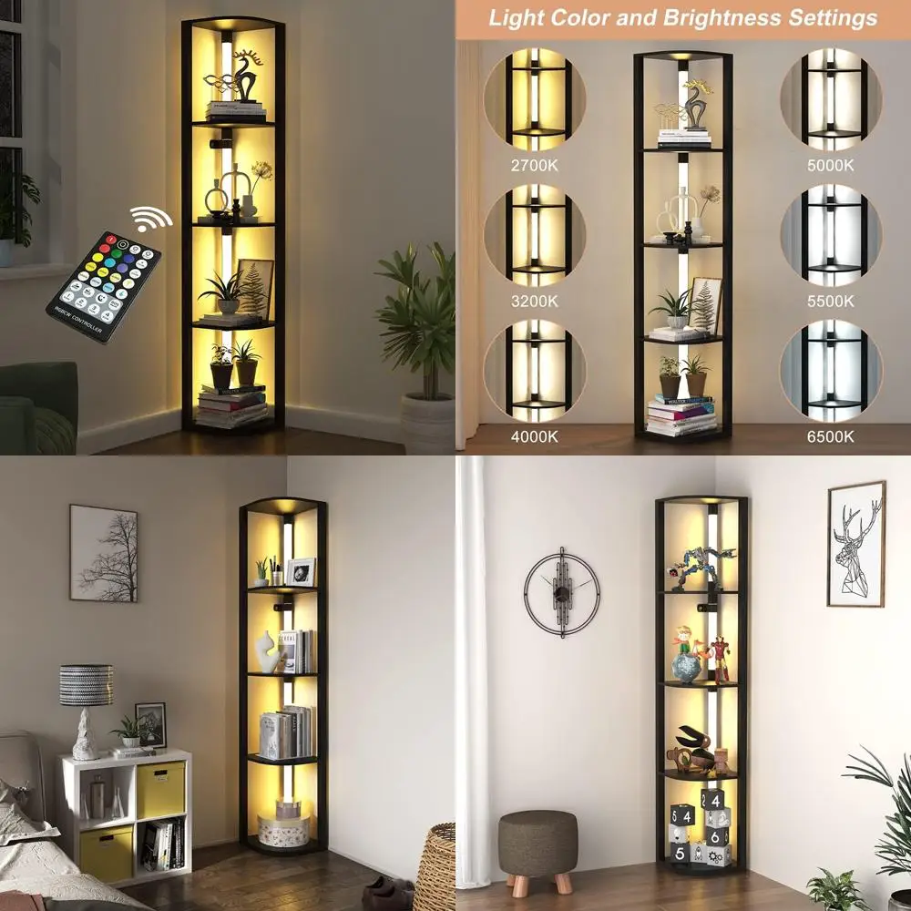 

Modern Corner Floor Lamp with Storage Shelves, 5-Tier LED Lighted Display Stand for Home Decor and Collectibles