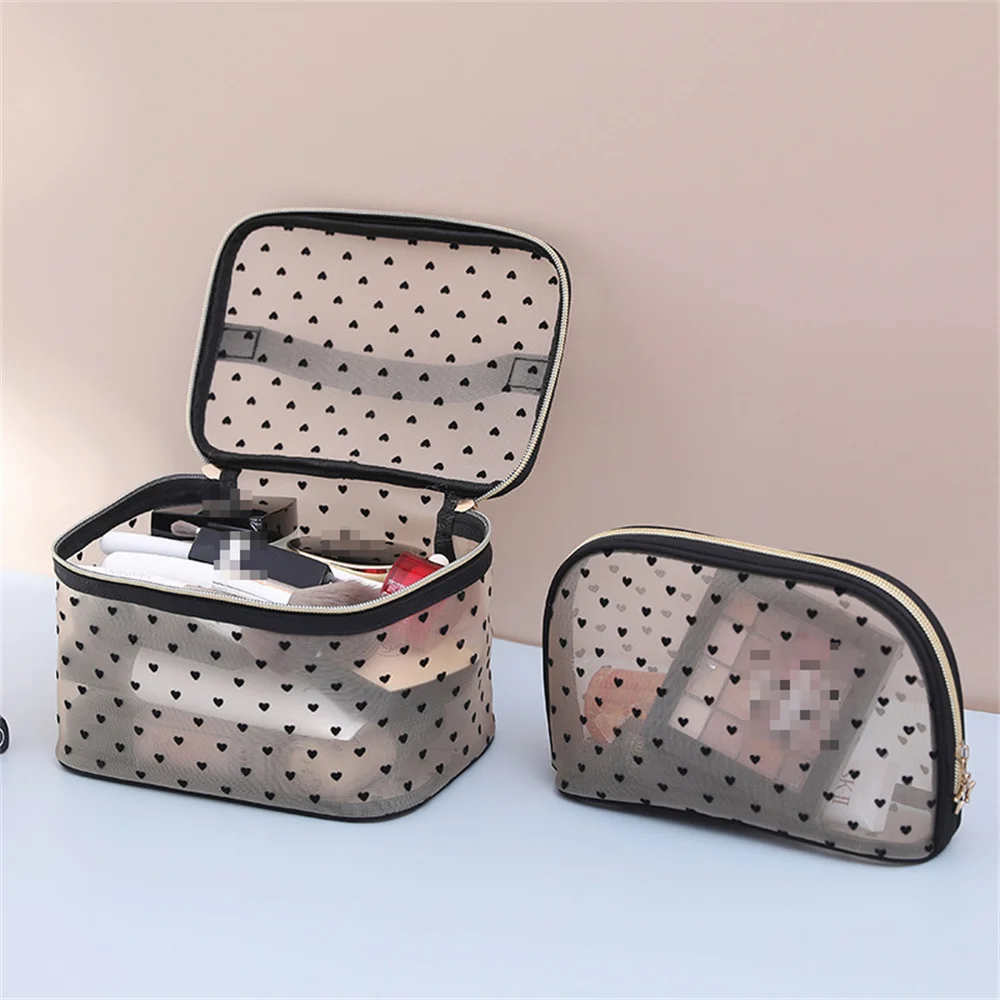 Heart Transparent Mesh Makeup Bag Multifunction Portable Women Cosmetic Storage Pouch Ladies Toiletry Lipstick Organizer Bags