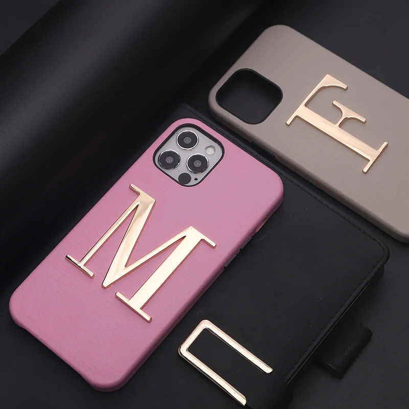 Custom Name Big Metal Letters Pebble Leather Phone Case Cover For iPhone 11 12 13Pro Max 14Plus Phone Personalized Cover