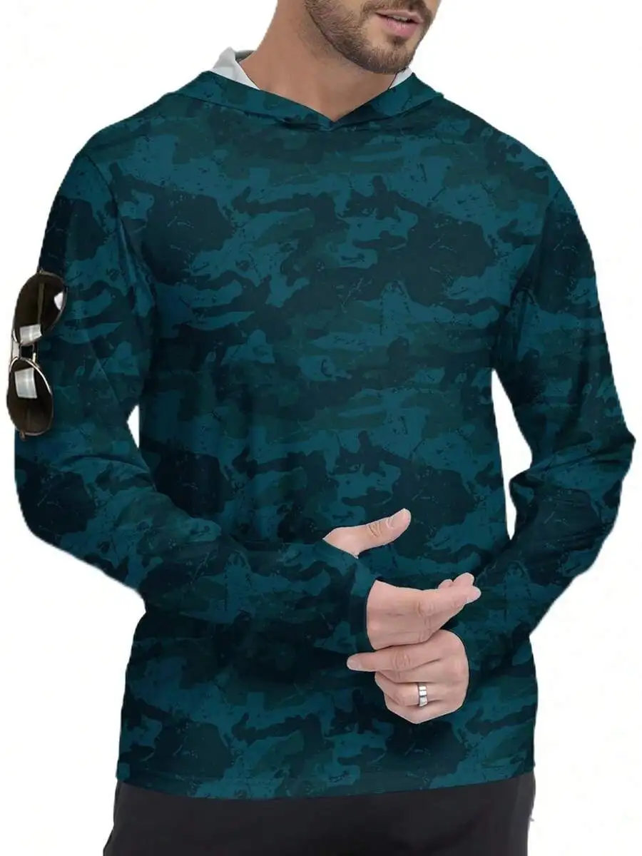 

Mens Long Sleeve Hooded Rash Guard UPF 50+ Sun Protection Shirt For Fishing Running Athletic
