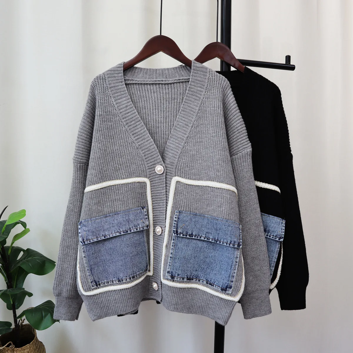 2024 Autumn/Winter New Korean Style Denim Pocket Splicing Knitted Cardigan