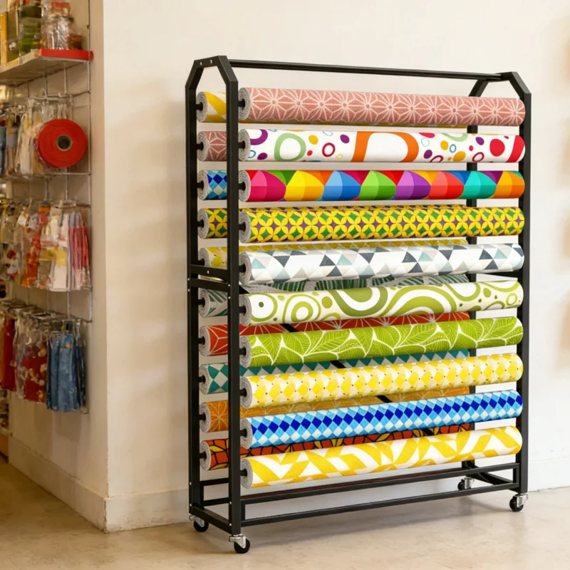 custom.Factory Industrial Double Sides Metal Frame Fabric Roll Display Stand Textile Curtain Holder Rack