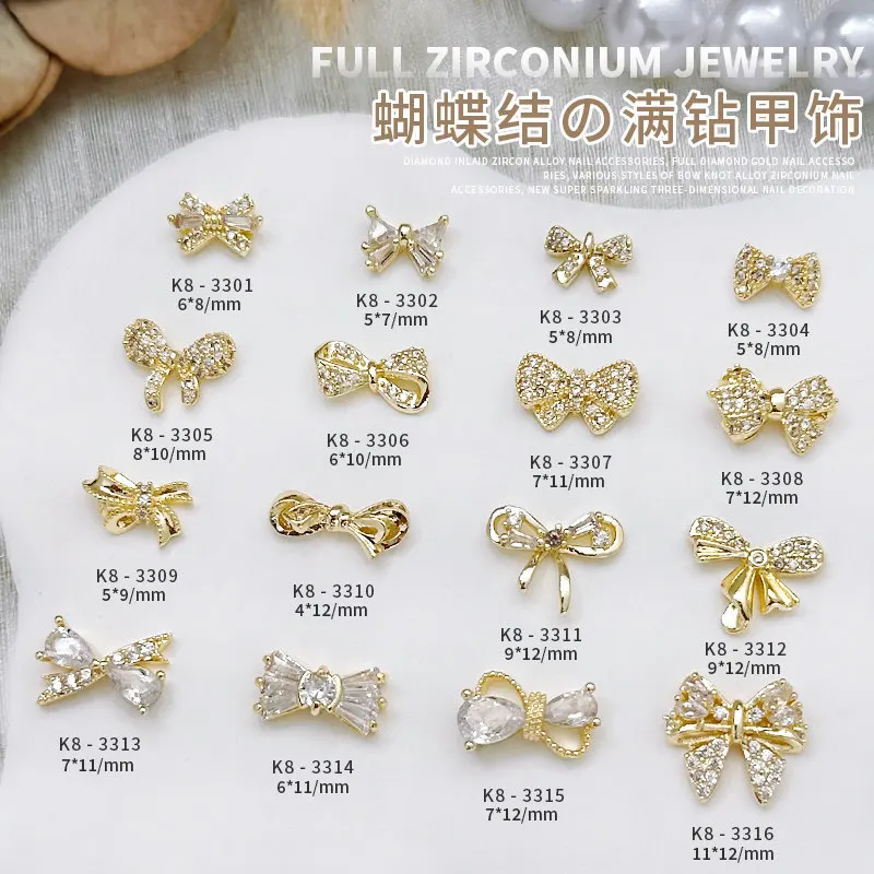 10 pcs Zircon Bowknot Nail Charms Real Gold Plated Non Fading Metal Bow Nail Rhinestones For Nail Art Decorations