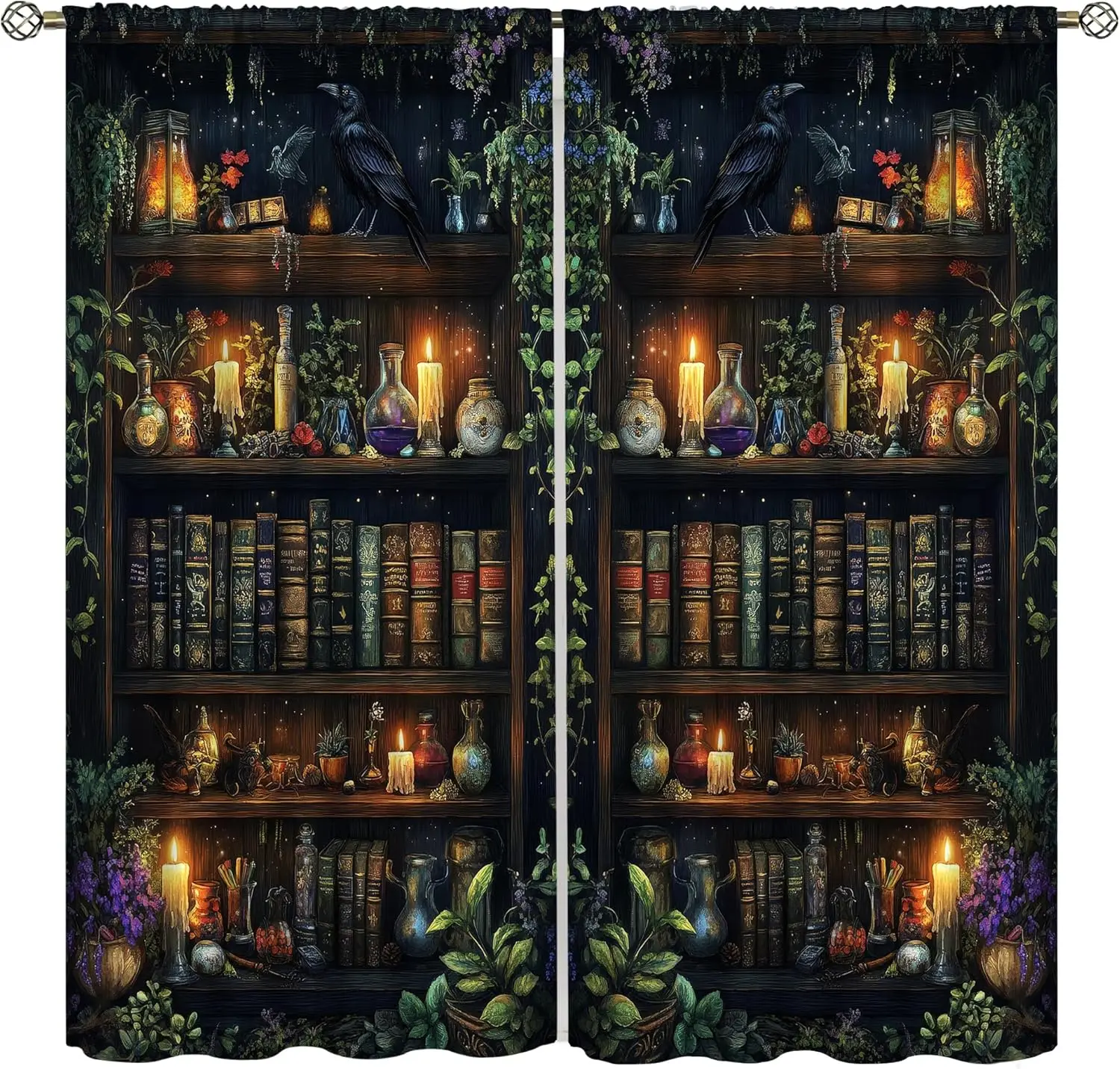 Rideau de bibliothèque motif sorcière, livre magique, corbeau, bougie, potion, vigne, avec filtre à lumière pour la décoration de chambre, bureau et gîte