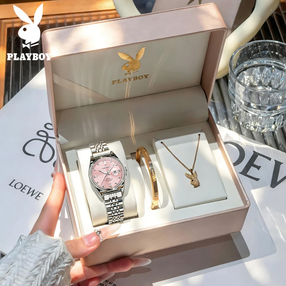 PLAYBOY 3556 Brand original authentic watch for woman GiftBox Steel belt calendar mechanical women's watch
