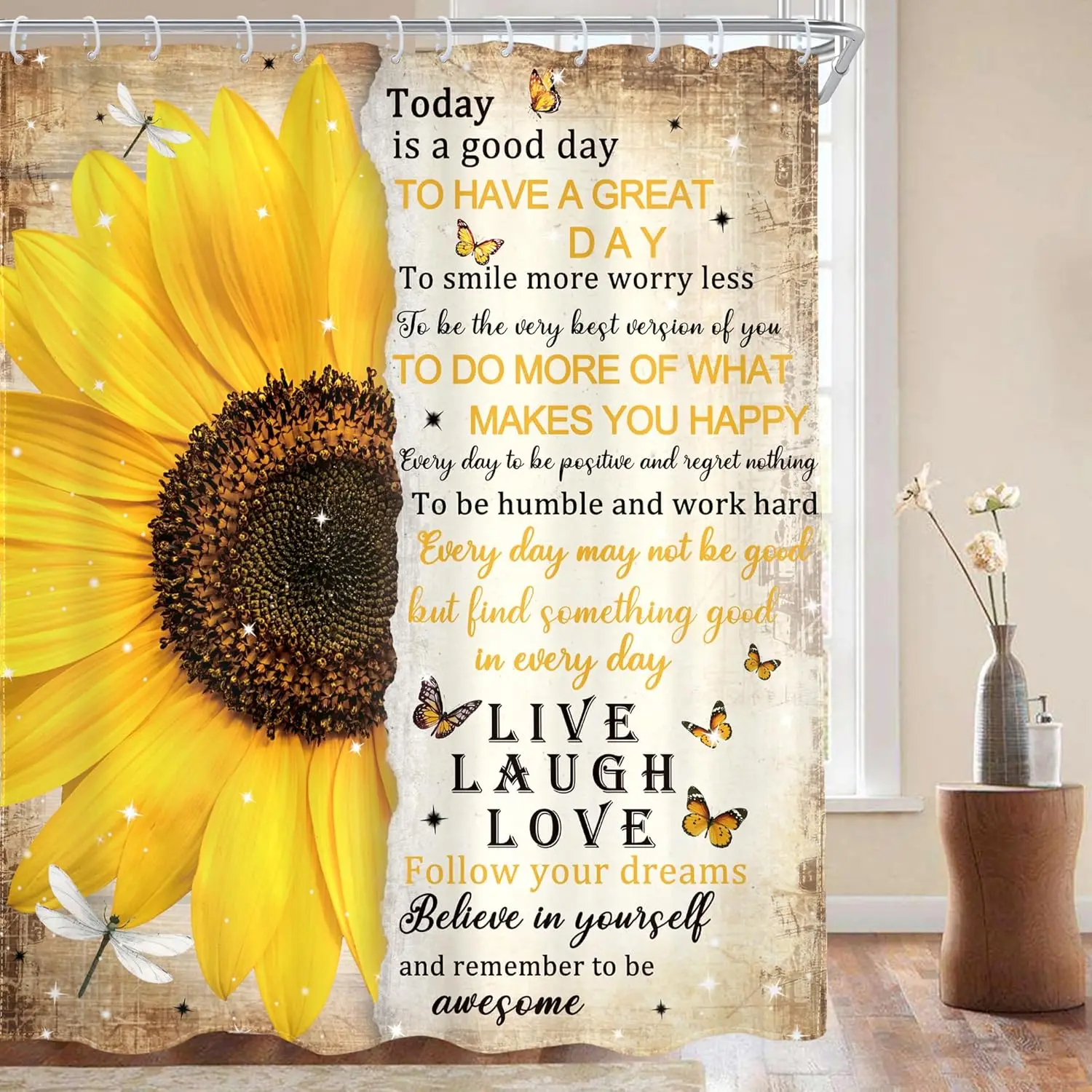

Vintage Sunflower Butterfly Shower Curtain, Rustic Yellow Flower Spring Quotes Decor with Hooks