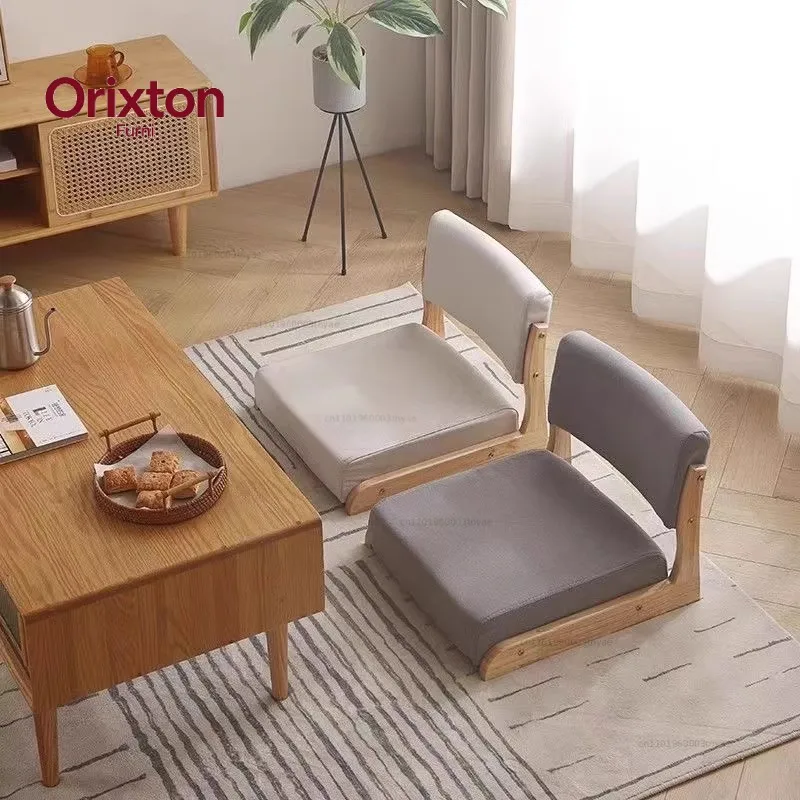 Wood Tatami Chair With Back&Seat Cushion Floor Seating Japanese Zaisu Legless Chair For Bay Window Balcony Platfor