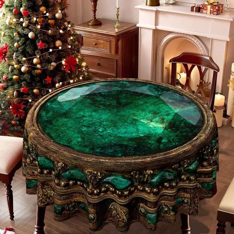 VIKAMA Emerald Green Round Tablecloth Vintage Ornate Jewel Gem Antique Gold Luxury Round Table Cover Dining Holiday Kitchen