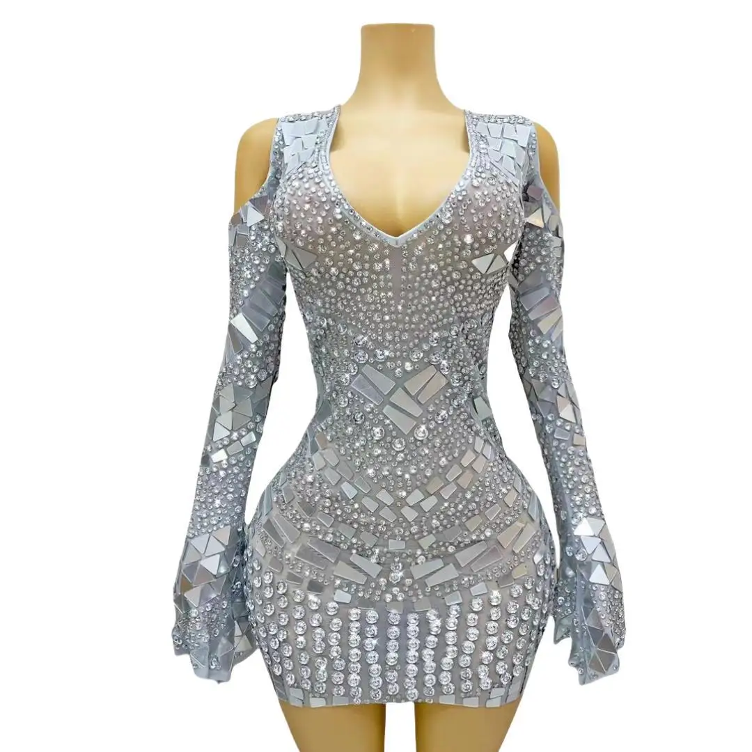 Shining Silver Crystals Evening Dress Nightclub Birthday Party Wedding Prom Celebrate Crystals Dress Sexy Dance Sequins Costume