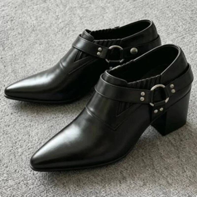 Black Matte Genuine Leather Pointed Toe Ankle Boots Men Metal Buckle 6 CM Height Increasing Block Heel Chelsea Booties Shoes