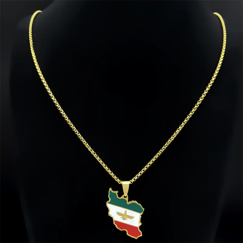 Iran Map National Flag Pendant Iranian Ahura Mazda Necklace Earring Set for Women Men Stainless Steel Gold Color Enamel Jewelry