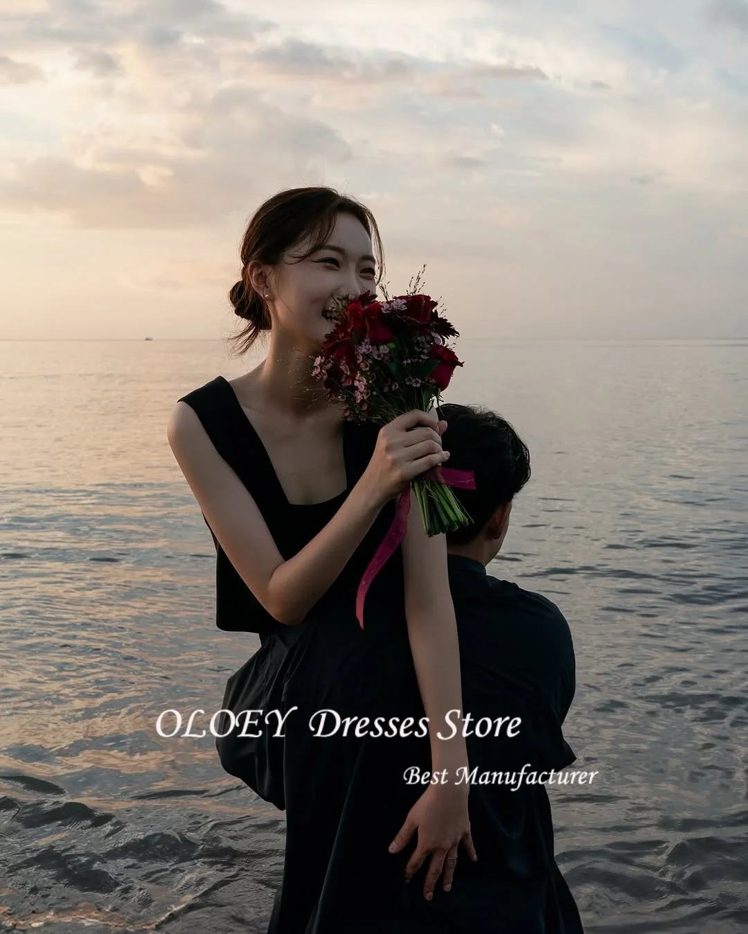OLOEY 2025 New Korea Black Wedding Dress Women Photoshoot A-line Bridal Gown Square Collar Floor Length Pleat Customized