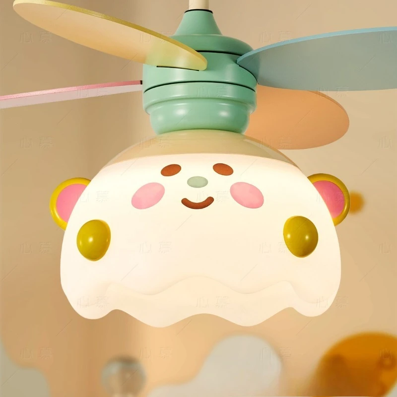 Cartoon Macaron Cream‑Style Ceiling Fan Light, Silent Eye‑Friendly Integrated Lamp for Kids' Room Bedroom Dining Room