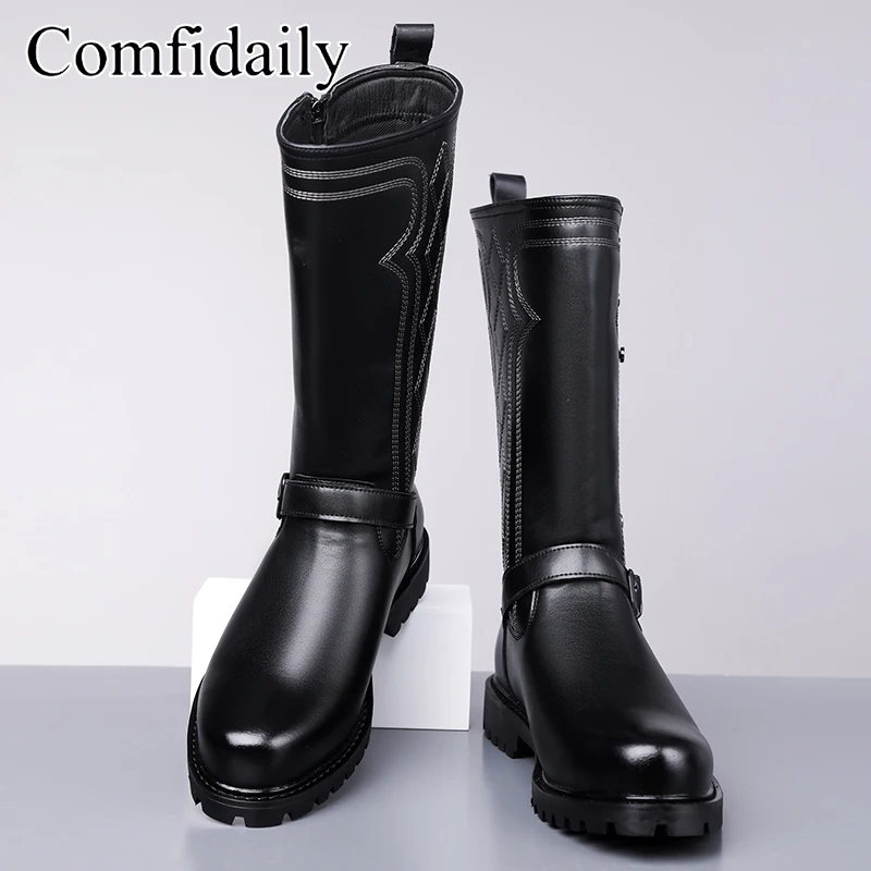 High Cut Thick Soled Men Motorcycle Boots Embroidered Retro Style Breathable Exquisite Anti Slip Wear-resistant Knight Boots