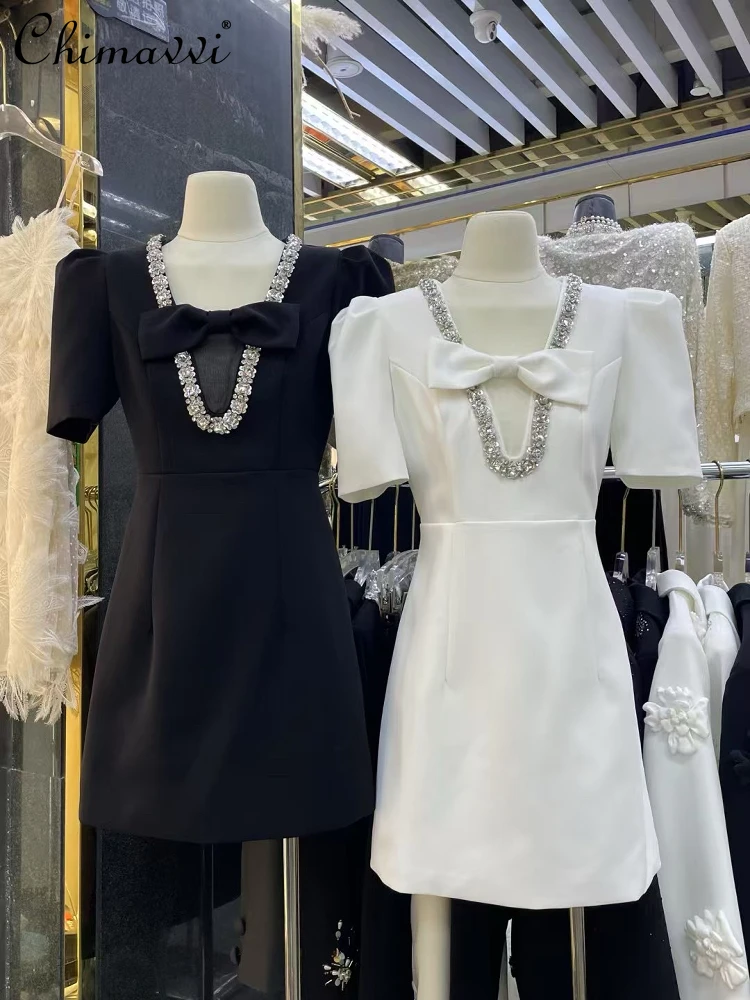 

2025 Summer Clothes New French Fashion Light Luxury Nail Diamond Bow Short Dress High Temperament Slim-fit Party Women Dresses