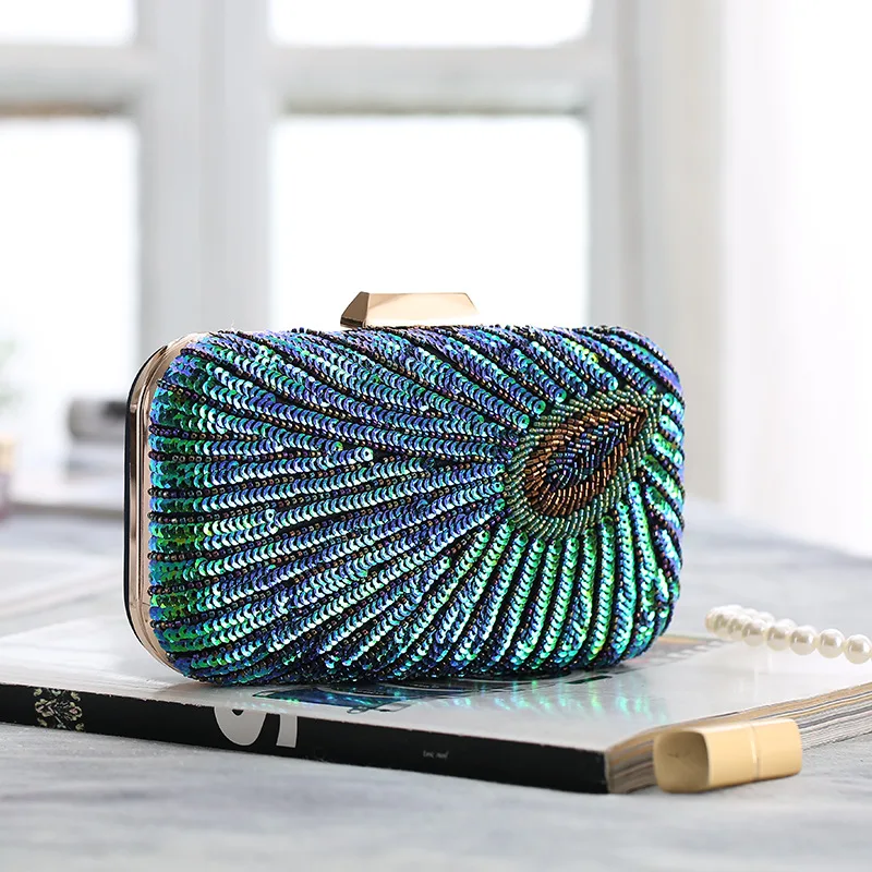 

Green Peacock Beaded Sequins Evening Handbags Women Envelope Party Wedding Bridal Purses Formal Female Shoulder Messenger Bags
