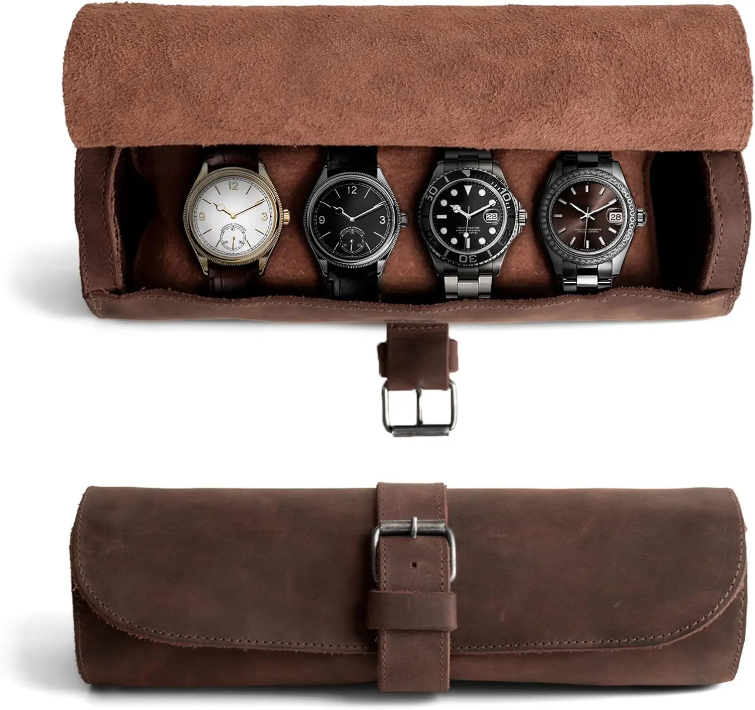 

Handmade Full Grain Leather Watch Case, Holds 4 Watches, Jewelry Roll Organizer for Travel Accessories in Bourbon Brown