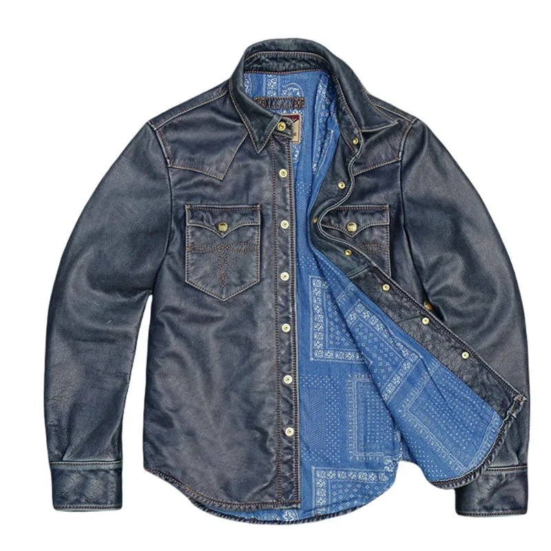 

Мужская кожаная рубашка Blue Spring в стиле ретро, винтажная, больших размеров до 4XL, из натуральной воловьей кожи, с отложным воротником, однобортная.