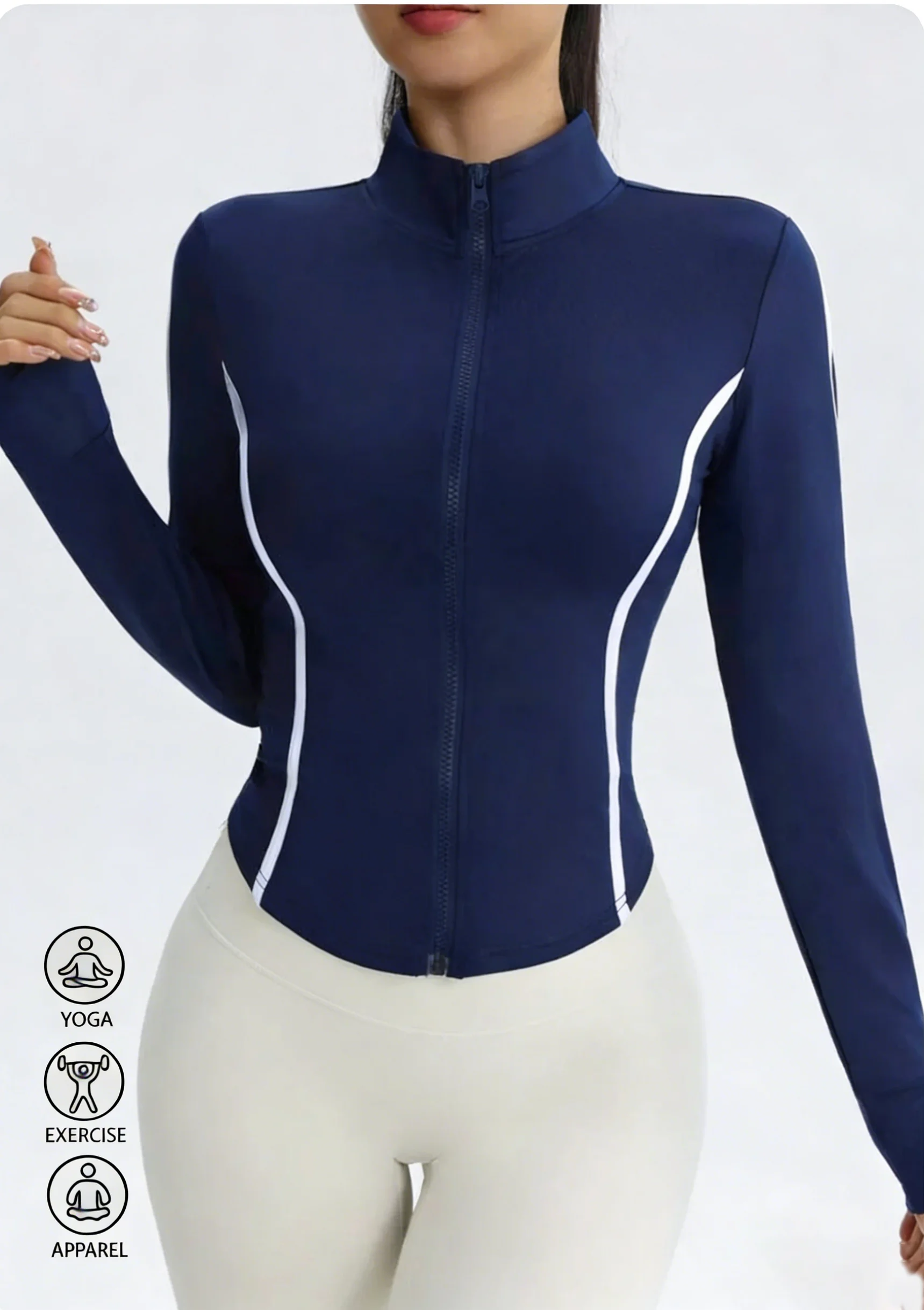 Women Navy Blue Yoga Jacket with White Contrast Stitching Slim Fit Full Zip Up Track Jacket High Neck Activewear Top for Workout