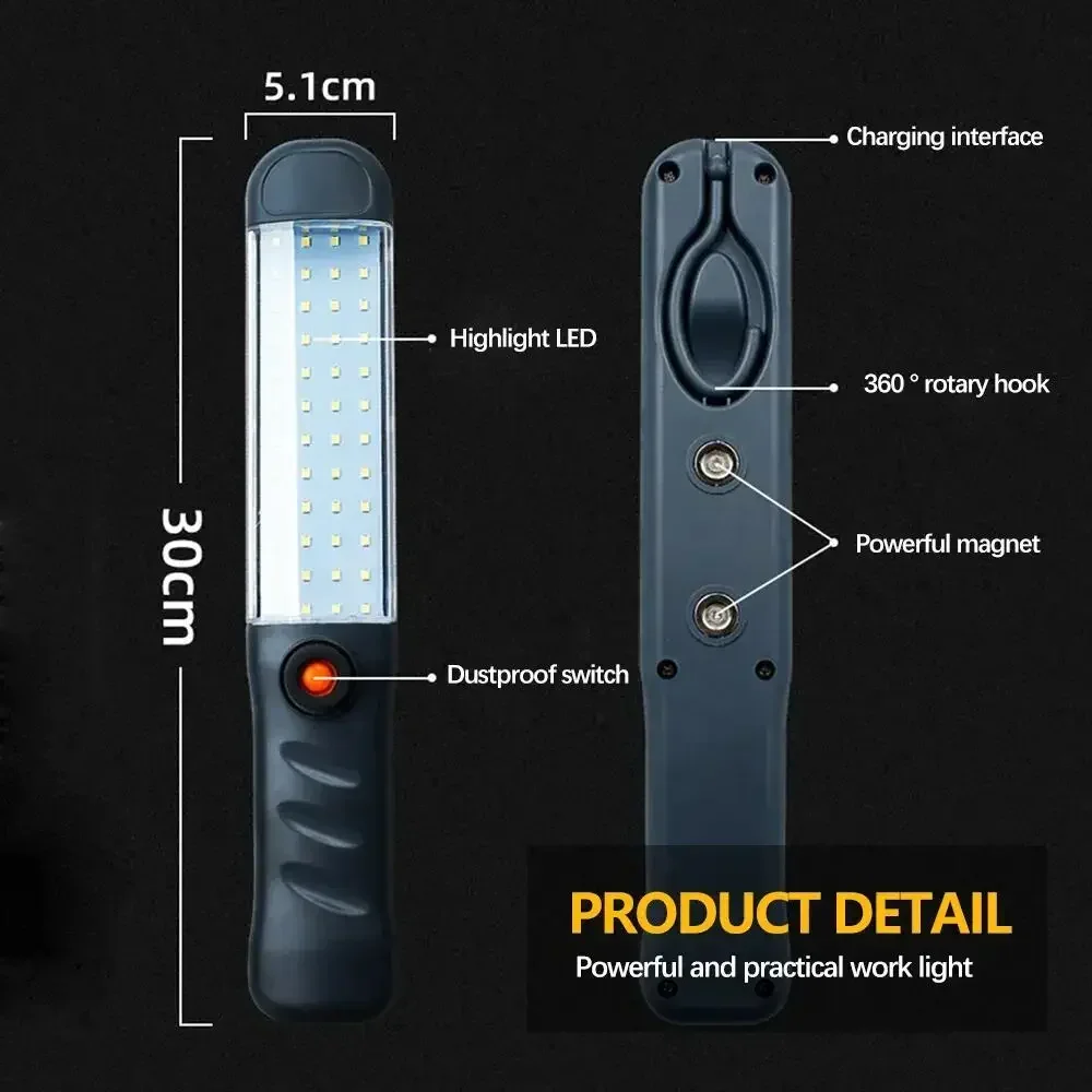 마그네틱 베이스가 있는 충전식 LED 손전등, 행잉 후크, 3 가지 모드 투광 조명, 자동차 수리 야외 조명