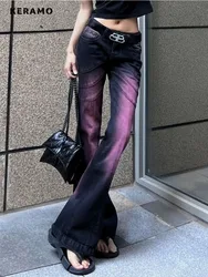 Fashion Purple Gradient Tie Dye Micro Flared Jeans Y2K Streetwear Vintage Wash Loose Casual High Waist Straight Leg Jeans
