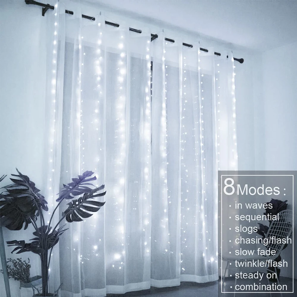 LED Curtain Lights Bedroom Lights 3*3M USB Fairy String 8 Mode Remote Garland Wedding Home Bedroom Decoration Lighting