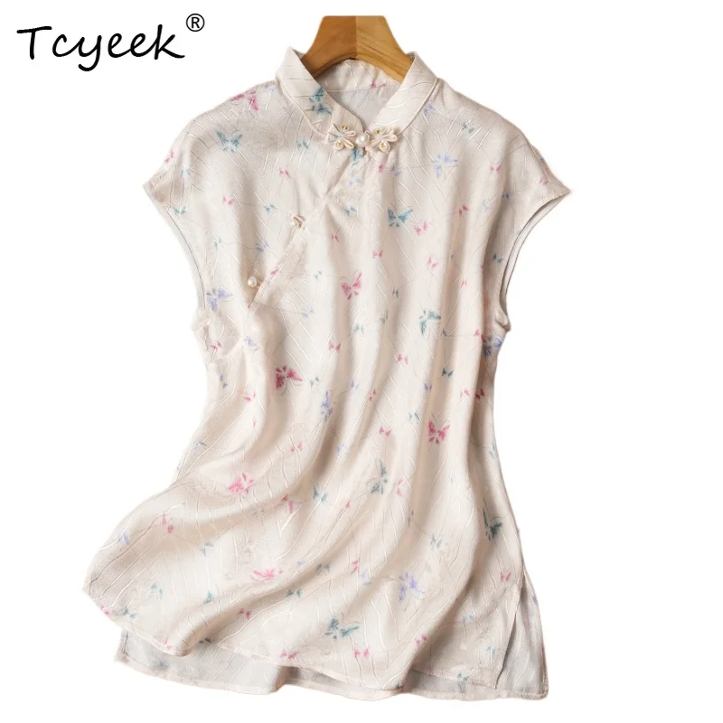 

Tcyeek 100% Mulberry Silk Summer Thin New Chinese Style Short Sleeved Stand Up Collar Floral Pattern Women's Shirts חולצותנשים