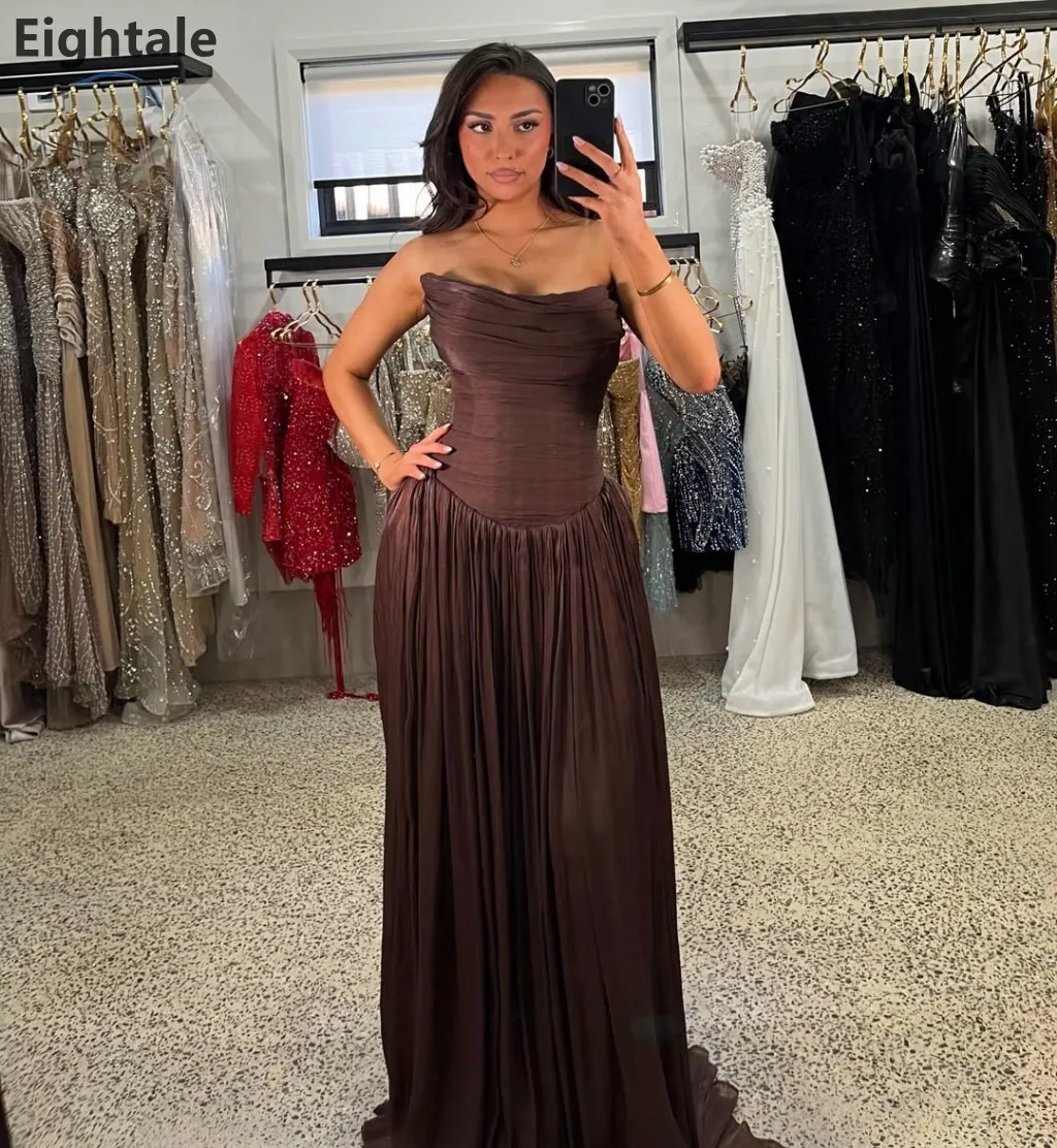 

Eightale 2025 Brown A Line Silk Maxi Evening Dress With Wrap Formal Prom Dress Dubai Wedding Party Gown Customized