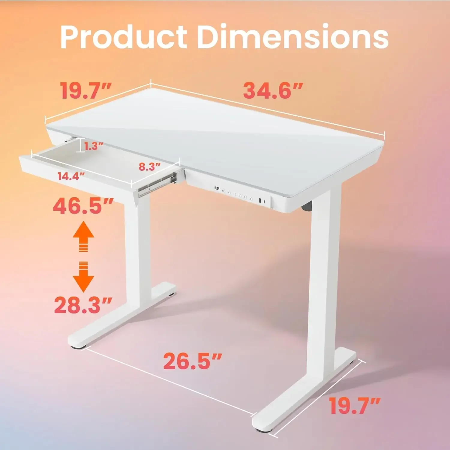 Electric Adjustable Height Glass Standing Desk With Drawers Usb Charging Ports Quick Install One Piece Tabletop White