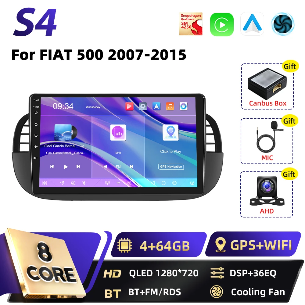 Podofo Qualcomm 8-Core Carplay 2DIN Android Auto Multimedia Speler Voor FIAT 500 2007 2008-2015 GPS Navigatie DSP WIFI FM RDS BT