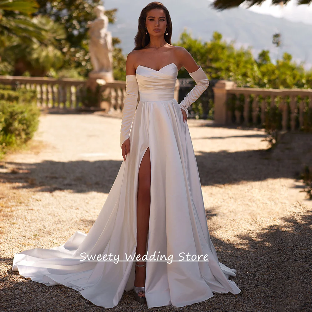 Cheap Wedding Dress Customized V Neck Long Sleeves Pleat High Split A Line Sweep Train Satin Bridal Gown Vestido Noiva