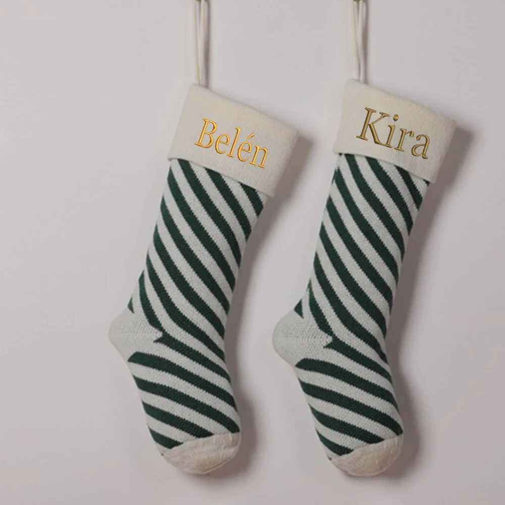 Knitted Christmas Gift Bag Decorative Socks Personalized Embroidery Name Wool Christmas Socks Pendant Diagonal Stripe Gift Bag