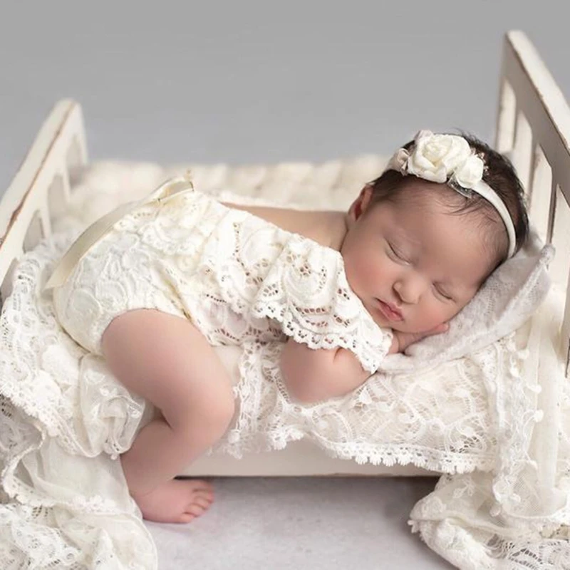3Pcs Newborn Photography Props Suit Lace Romper Hat Pillow Headband Set Knit Outfits Clothing Infants Shooting Photo Gifts